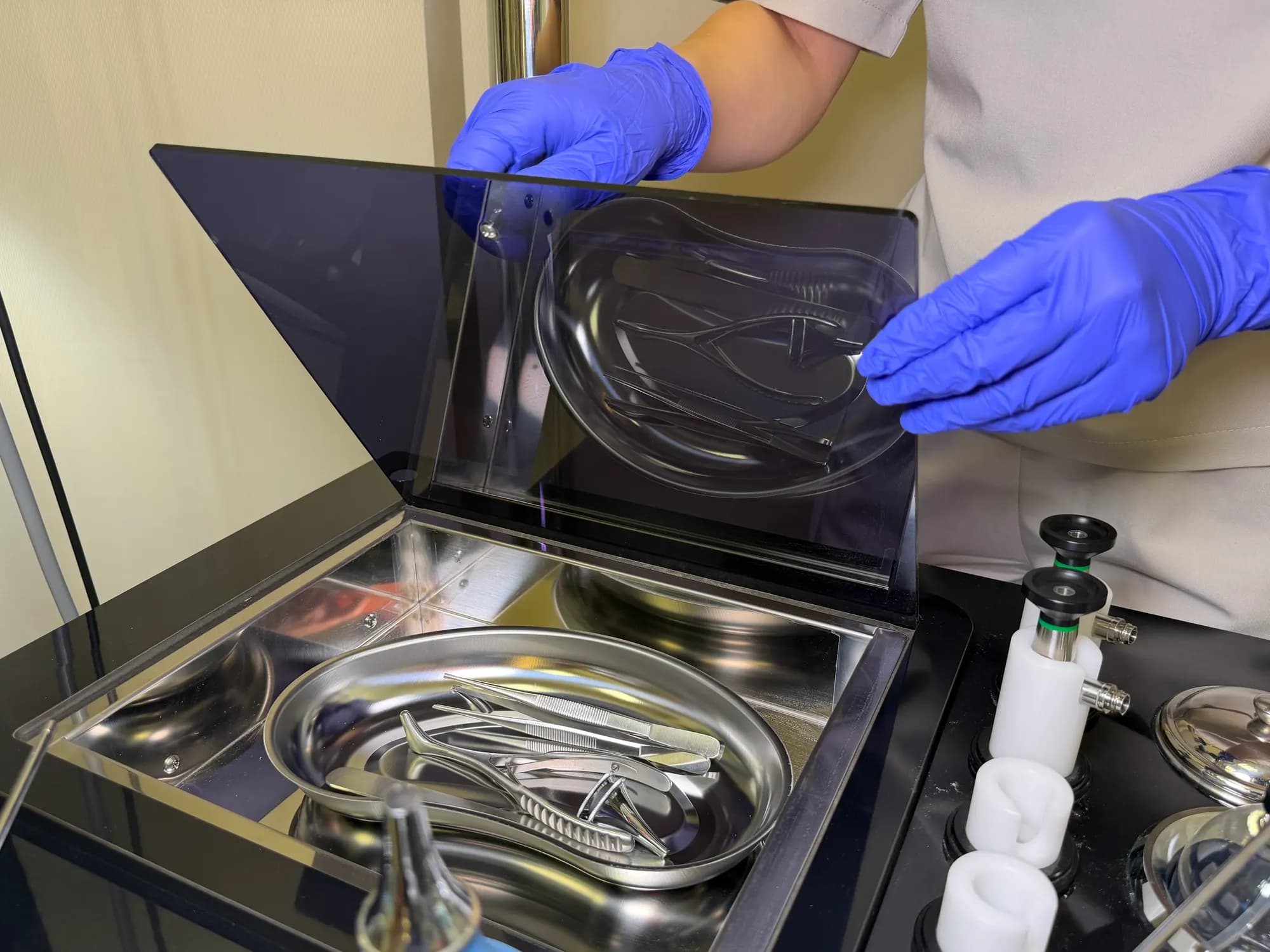 Sterile ENT instruments in a storage cabinet